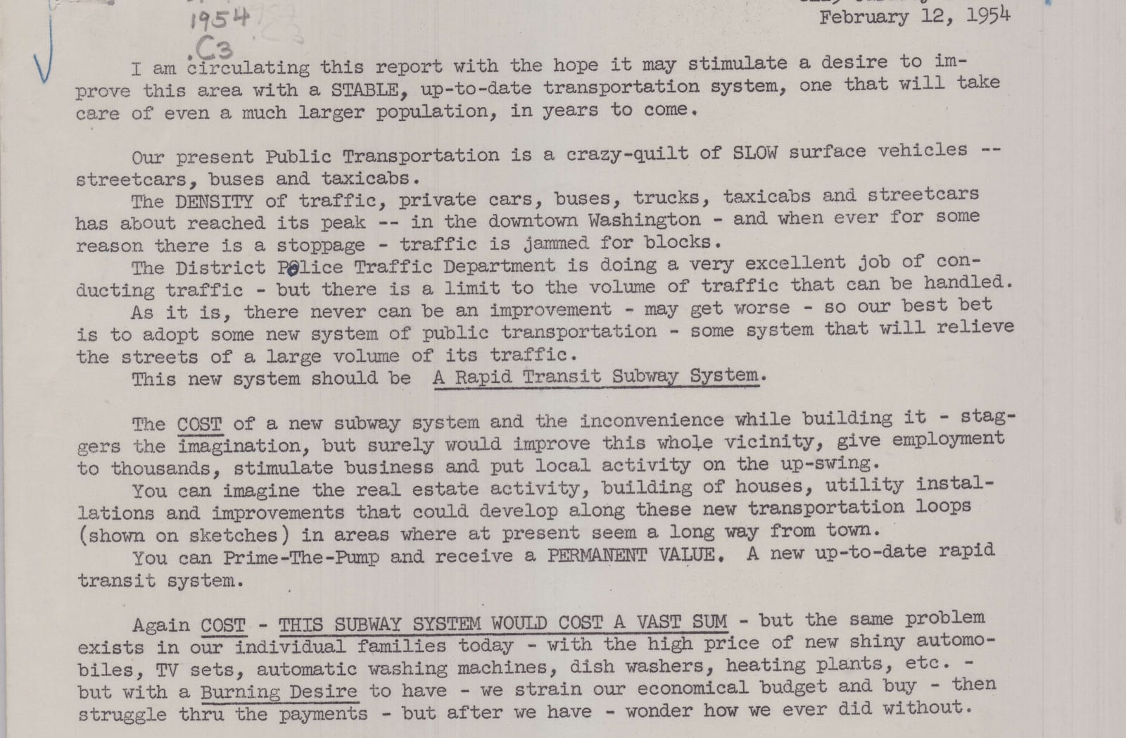 A letter dated February 12, 1954 arguing for creating a rapid transit subway system in Washington DC, despite the cost