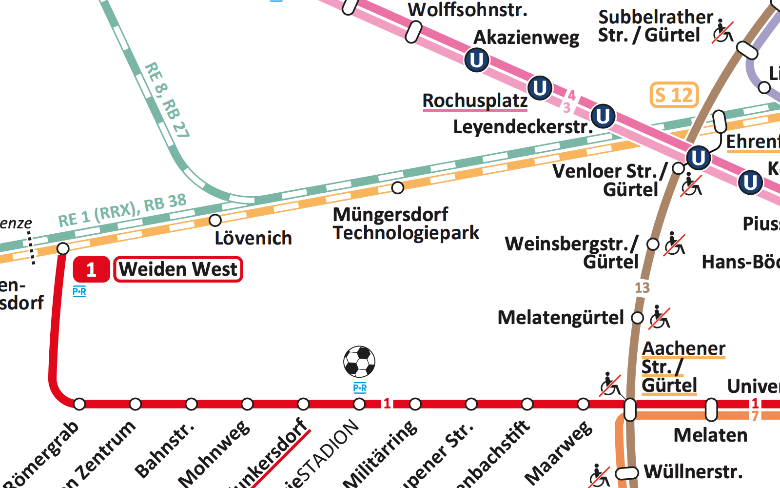 Cologne's S-Bahn (rail rapid transit, yellow) and Regionalbahn (regional transit, green) use wide striped lines