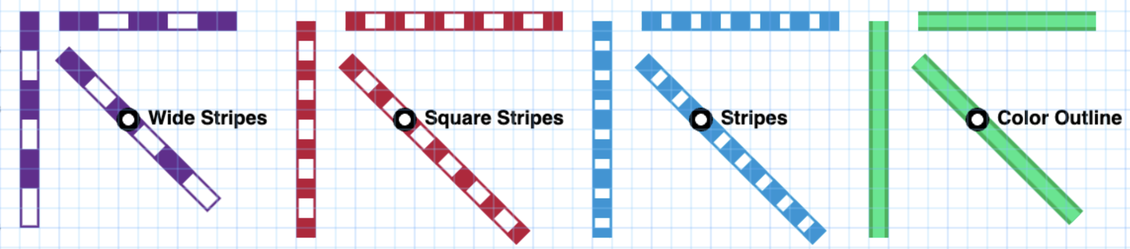 Preview of the Wide Stripes, Square Stripes, Stripes, and Color Outline line styles