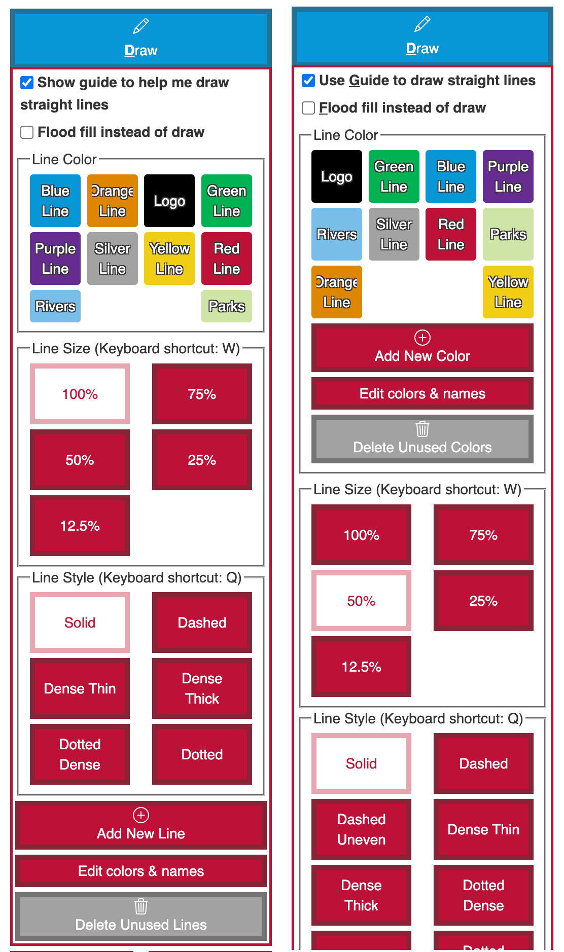 Side-by-side comparison of the draw menu in v7.0 (left) and v7.1 (right). Notice that the Add New Color, Edit Colors, and Delete Unused Colors have been moved above the line size and styles to be with the colors.