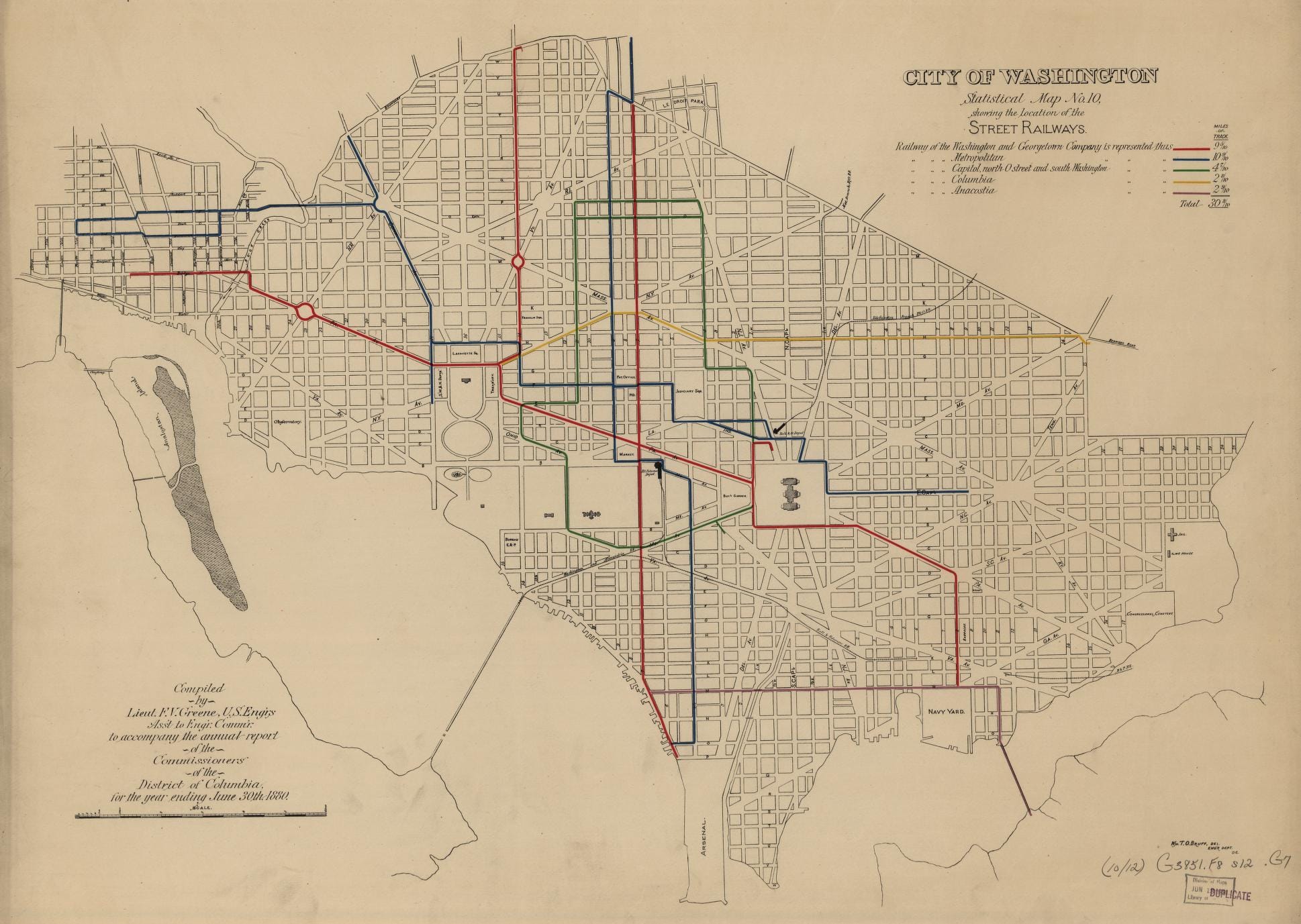 A larger version of Statistical Map Number 10 showing the Street Railways of Washington DC as of 1880