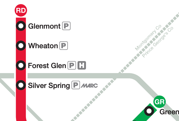 Screenshot of a zoomed-in section of the Washington DC Red and Green lines, showing the station terminus labels reading RD and GR.