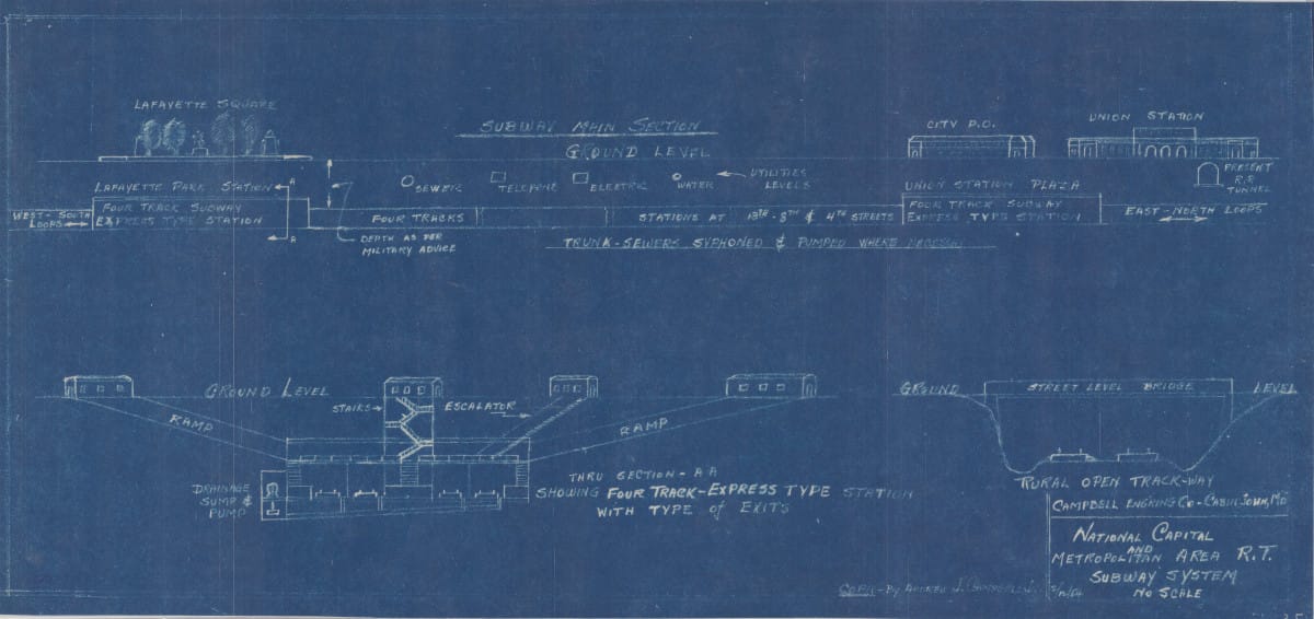1954 drawing by Andrew J. Campbell Jr., of a proposal for a four-track express subway in Washington