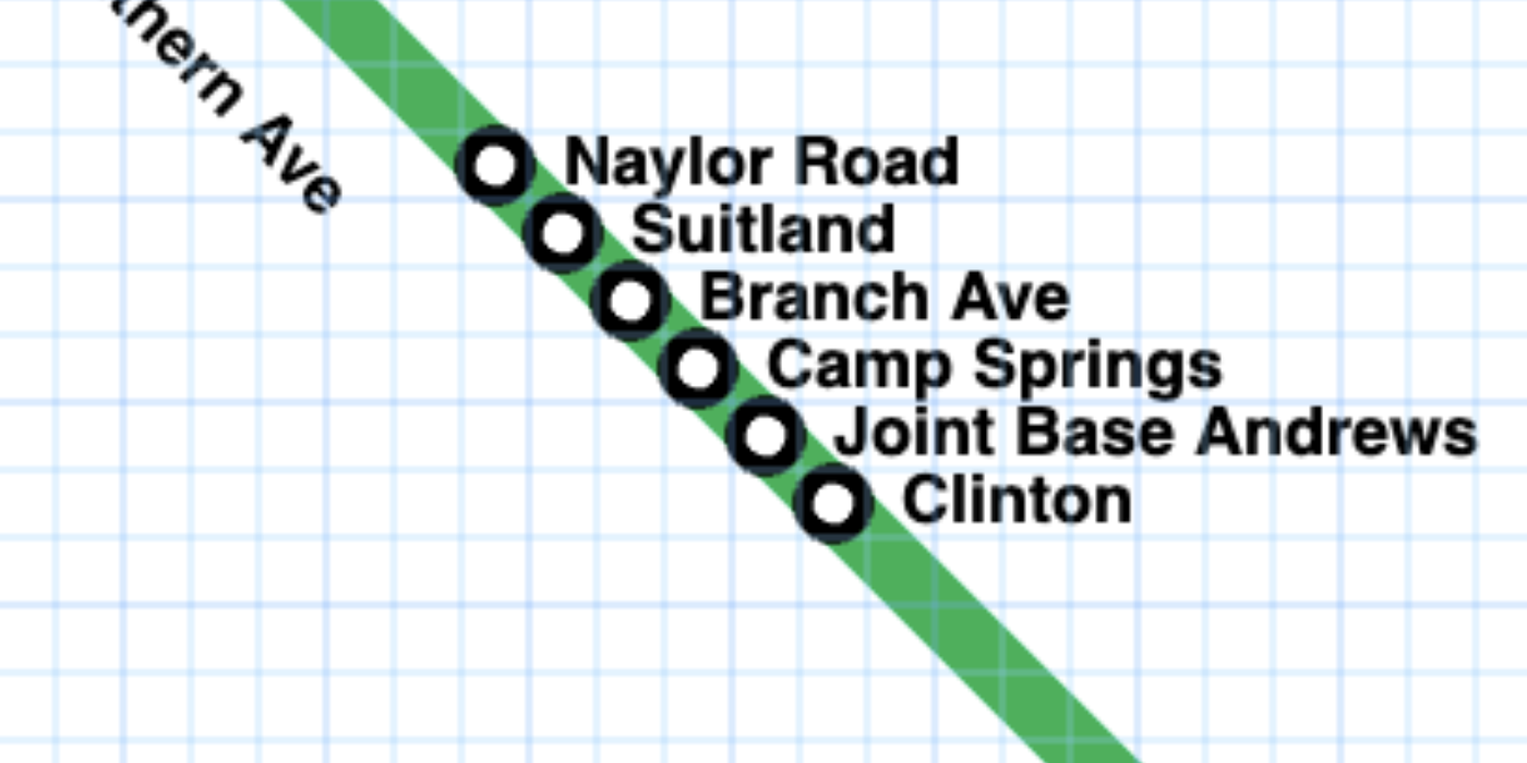 A screenshot showing six stations placed as close together as is possible on the green line.