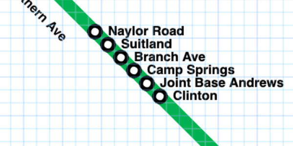 A screenshot showing six stations placed as close together as is possible on the green line.