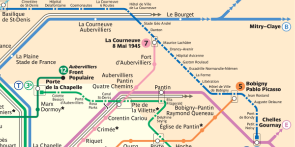 Detail of a Paris Metro Map showing the inspiration for the Dashed Uneven line style, in blue