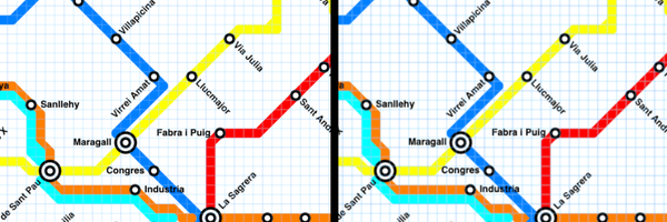 Side-by-side comparison of high and low graphics quality modes. Map credit: https://metromapmaker.com/map/J4PO6zmJ